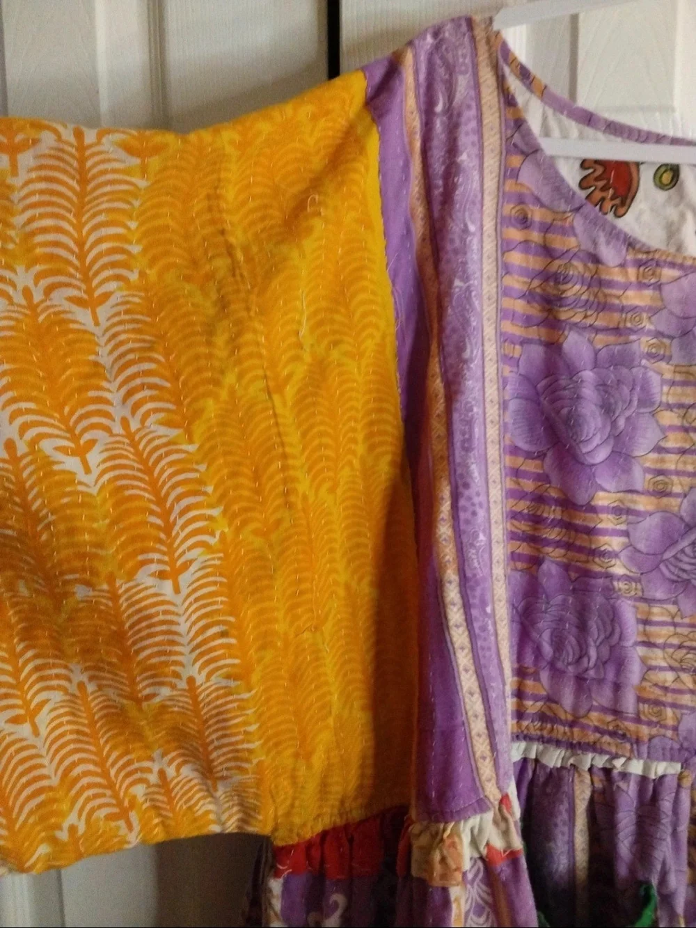 Kantha Patchwork Babydoll Dress Mixed Print Boho Artisan Pockets